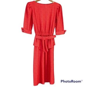 Vintage Peplum Midi Dress with Belt and Shoulder Pads in Red and Black 70’s/80’s